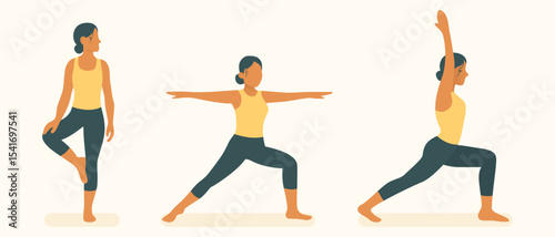 Warrior pose set icon. Woman standing in lunge with arms raised. Strength, flexibility, focus, balance used in dynamic yoga flow or physical training.
