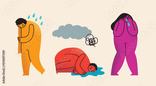 Psychology concept set of the flat vector illustrations. Self-abuse, violence and pressure. Person under overwhelming control, assault. Mental health problem.