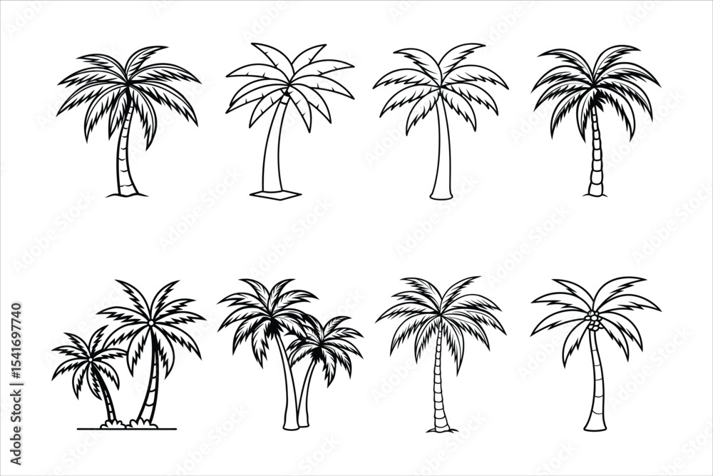 Fototapeta premium Eight Black and White Palm Tree Illustrations Various Styles
