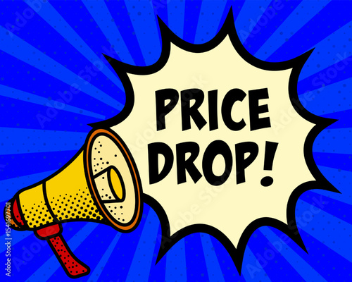 Price drop announcement speech bubble. Megaphone, speech burst, comic style, bright background, communication element, expression tool, voice projection, information sharing, pop art design.