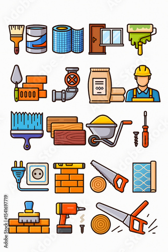 Colorful Construction Icons Set Featuring Tools Equipment and Worker for Renovation Building and Home Improvement Projects