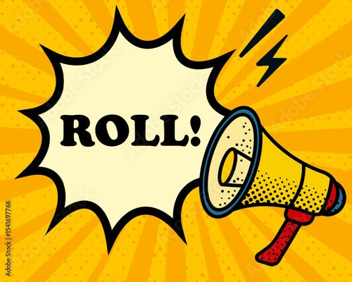 Roll speech bubble. Megaphone, lightning, speech burst, sound lines, pop art style, loudspeaker, public speaking, yellow background, expression, voice, alert, broadcast