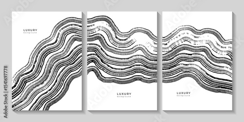 Set of black and white templates with wavy wooden texture. Backgrounds with grunge curved lines. Organic eco background. Templates for business cards, cover. Wave pattern