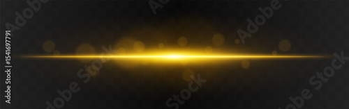 Light burst. Golden horizontal glow with radial flare and soft particles on dark transparent background, suitable for tech or sci-fi visuals.