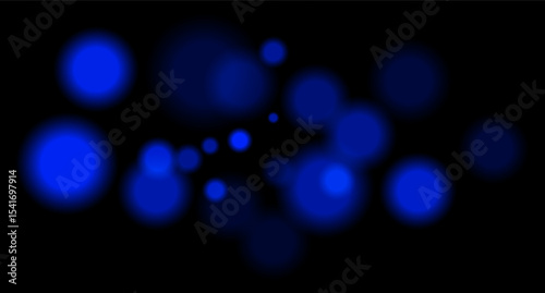 Blue blurred bokeh circles on black background with soft glow, imitating distant lights or defocused highlights in low-light environment.