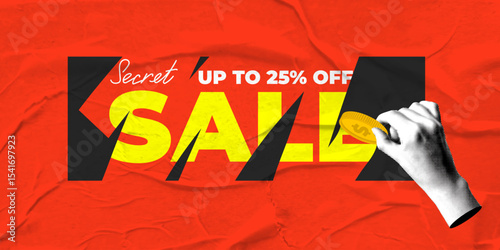 Secret sale banner. Halftone hand rubs scratch code on discount voucher with coin. Scratch card game. Win discounts. Hand scratches coupon. Lottery. Crumpled pasted background. Modern collage