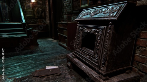 Dark antique fireplace in a dimly lit, vintage, cluttered interior room