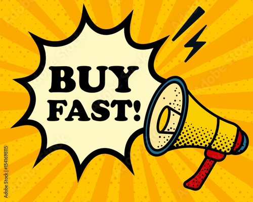 Buy fast speech bubble. Megaphone, lightning, speech burst, sound lines, pop art style, loudspeaker, public speaking, yellow background, expression, voice, alert, broadcast