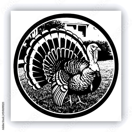 A mature, gray and white turkey hen is centered in a nest of straw. She is brooding over three eggs, with two small, light yellow chicks visible near the eggs. The turkey is positioned in a slightly c