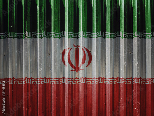 Iran flag painted on metal fence, symbolizing political isolation, conflict or international tension involving Iran.