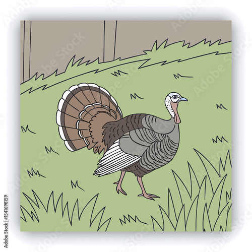 A mature, gray and white turkey hen is centered in a nest of straw. She is brooding over three eggs, with two small, light yellow chicks visible near the eggs. The turkey is positioned in a slightly c