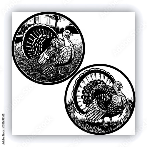 A mature, gray and white turkey hen is centered in a nest of straw. She is brooding over three eggs, with two small, light yellow chicks visible near the eggs. The turkey is positioned in a slightly c