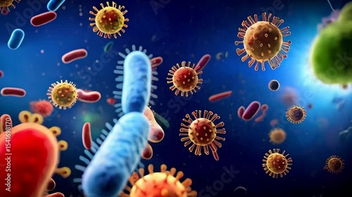 Microscopic view of various bacteria cells and viruses in blue environment, pathogen microorganisms and germs close-up.