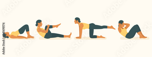 Home workout icon. Woman shown in bridge, single-leg stretch, bird-dog, and crunch exercises. Emphasis on abs, glutes, coordination, and muscle tone.