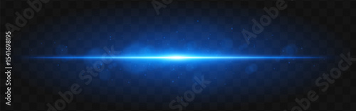Blue light burst. Bright horizontal beam with glowing particles and soft flare effect over dark grid background, suitable for sci-fi or tech visuals.