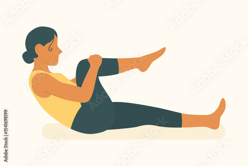 Woman in reclined knee hold position activating abs and hip flexors, combining pilates and yoga for strength and control