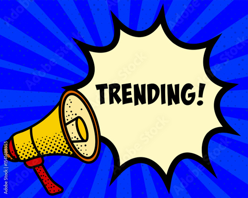 Trending announcement speech bubble. Megaphone, speech burst, comic style, bright background, communication element, expression tool, voice projection, information sharing, pop art design.