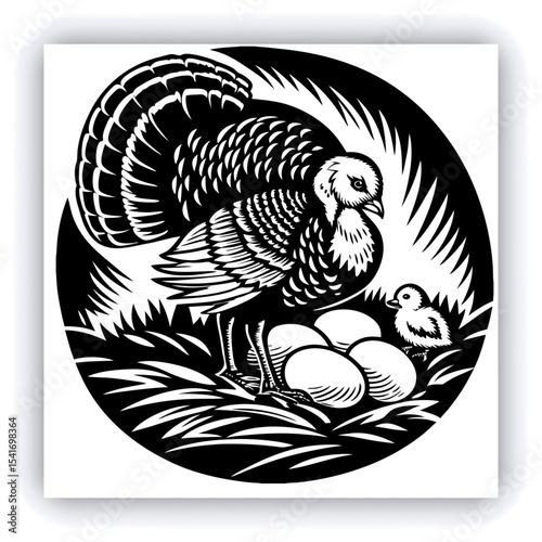 A mature, gray and white turkey hen is centered in a nest of straw. She is brooding over three eggs, with two small, light yellow chicks visible near the eggs. The turkey is positioned in a slightly c