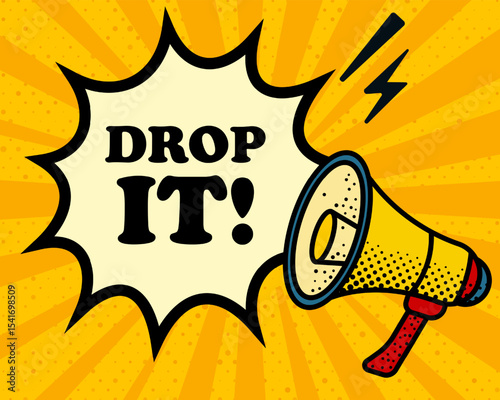 Drop it speech bubble. Megaphone, lightning, speech burst, sound lines, pop art style, loudspeaker, public speaking, yellow background, expression, voice, alert, broadcast
