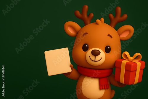 Cute 3D Cartoon Reindeer Holding Gift and Blank Card on Green Background