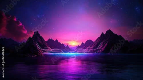 Mountainous lake sunset vibrant digital art