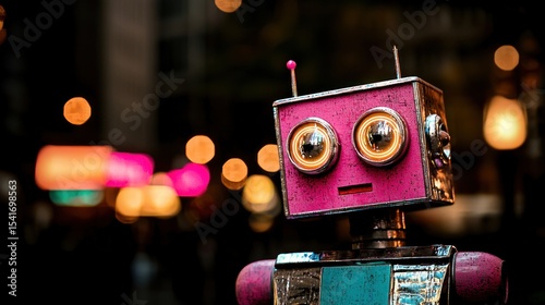 Pink robot in city lights; futuristic retro style