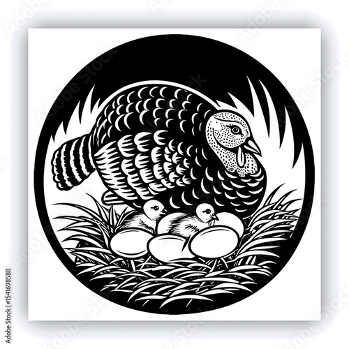 A mature, gray and white turkey hen is centered in a nest of straw. She is brooding over three eggs, with two small, light yellow chicks visible near the eggs. The turkey is positioned in a slightly c
