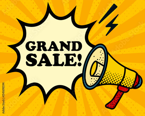 Grand sale speech bubble. Megaphone, lightning, speech burst, sound lines, pop art style, loudspeaker, public speaking, yellow background, expression, voice, alert, broadcast