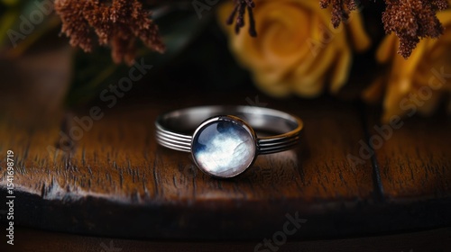 Elegant ring on wooden surface with roses in background
