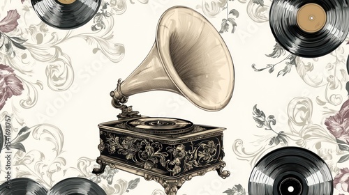 Vintage gramophone with vinyl records on floral background