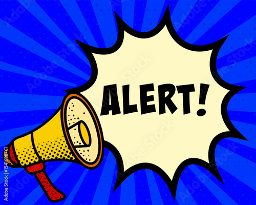 Alert announcement speech bubble. Megaphone, speech burst, comic style, bright background, communication element, expression tool, voice projection, information sharing, pop art design.