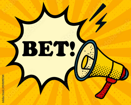 Bet speech bubble. Megaphone, lightning, speech burst, sound lines, pop art style, loudspeaker, public speaking, yellow background, expression, voice, alert, broadcast