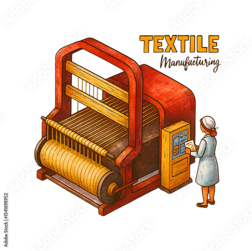 Vintage Textile Manufacturing Machinery Illustration A worker operates a classic loom weaving threads creating fabric in a detailed isometric drawing