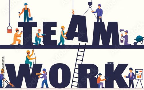 Teamwork concept illustration featuring tiny workers constructing large TEAMWORK letters showcasing collaboration and synergy in business and project management.