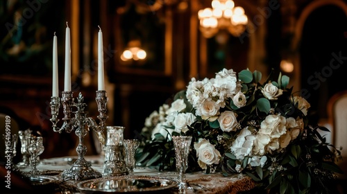 Elegant wedding centerpiece in ornate palace dining room