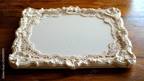 Ornate cream lace frame on wooden table