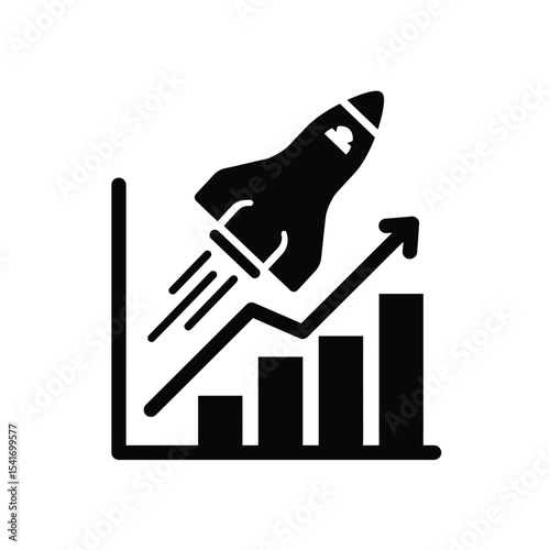 Black Silhouette Rocket Launching Graph Growth Vector Icon