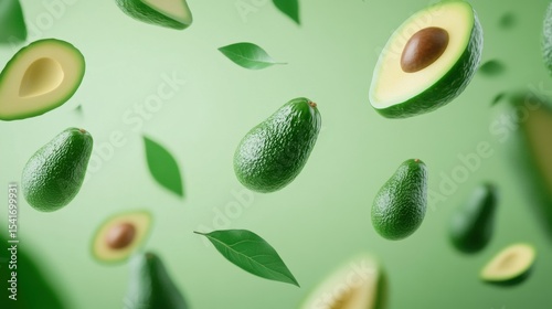 Avocados and leaves floating against a green background