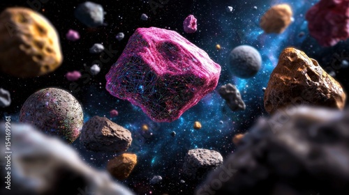 Colorful asteroids in space, network structure, cosmic dust
