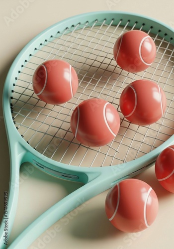A delightful image of a mint green tennis racket adorned with smooth, pastel pink caramel tennis balls, symbolizing a playful fusion of sport, confectionery, and modern artistry.