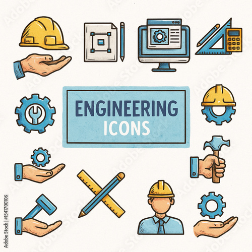 Collection of Hand-Drawn Engineering Icons Featuring Tools, Gear, and Safety Helmet Illustrations Perfect for Websites and Presentations