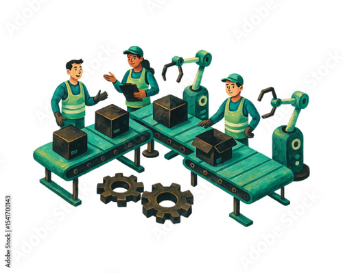 Efficient Automated Factory Workers Collaborate on a Modern Assembly Line with Robotic Arms for Streamlined Production and Package Handling