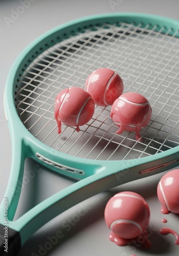 A delightful image of a mint green tennis racket adorned with smooth, pastel pink caramel tennis balls, symbolizing a playful fusion of sport, confectionery, and modern artistry.