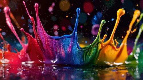 Vibrant colorful paint splashes on dark surface with bokeh background