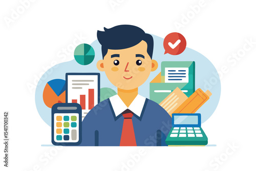 Accountant Surrounded by Charts Calculators and Approval Notification Flat Vector Illustration for Financial Management and Professional Expertise