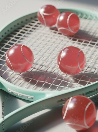 A delightful image of a mint green tennis racket adorned with smooth, pastel pink caramel tennis balls, symbolizing a playful fusion of sport, confectionery, and modern artistry.