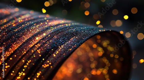Abstract metallic tube with glitter, glowing particles, dark background