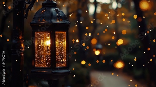 Ornamental lantern illuminating park path at dusk