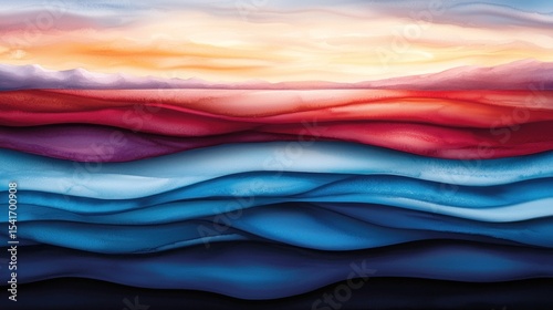 Colorful layered ocean waves, sunset landscape background, artistic illustration, possible use for wallpaper