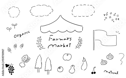 ファーマーズマーケット_手描きイラストセット_線画｜Farmers Market_Hand-drawn Illustration Set_Line Art